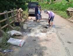 Membahayakan Pengguna Jalan, Warga Desa Gembong Gotong Royong Perbaiki Jalan dan Jembatan