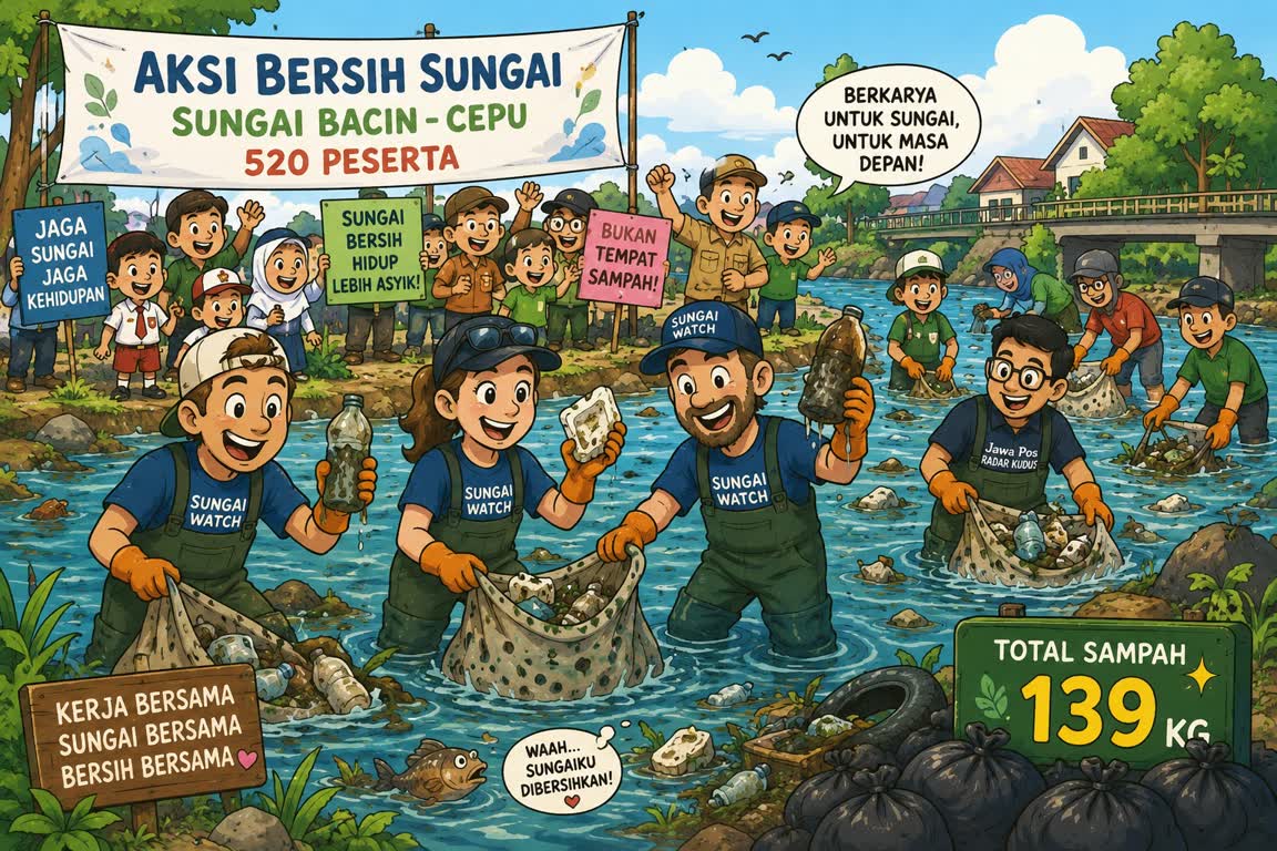 Pelari Prancis Turun ke Sungai Bacin, Warga Cepu Baru Bergerak Setelah 139 Kg Sampah Diangkat